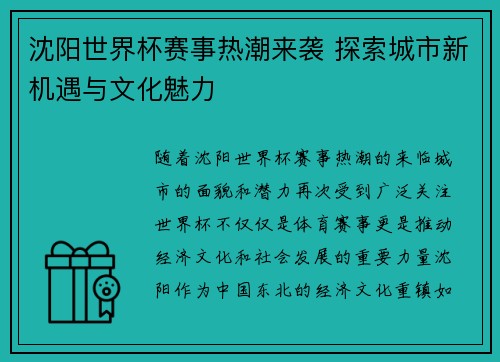 沈阳世界杯赛事热潮来袭 探索城市新机遇与文化魅力
