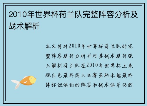 2010年世界杯荷兰队完整阵容分析及战术解析