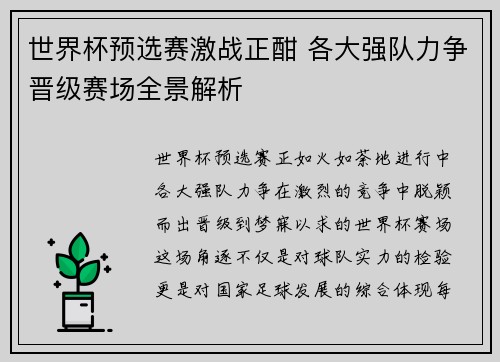 世界杯预选赛激战正酣 各大强队力争晋级赛场全景解析