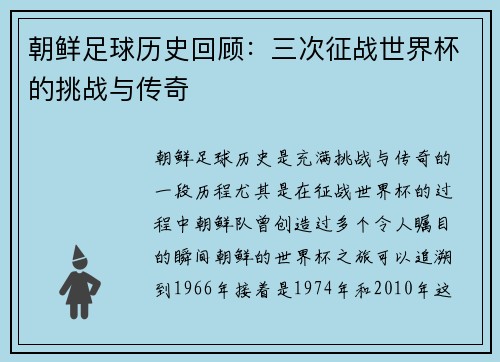 朝鲜足球历史回顾：三次征战世界杯的挑战与传奇