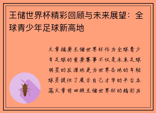 王储世界杯精彩回顾与未来展望：全球青少年足球新高地