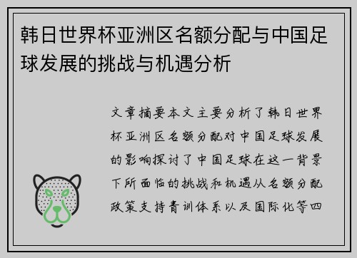 韩日世界杯亚洲区名额分配与中国足球发展的挑战与机遇分析